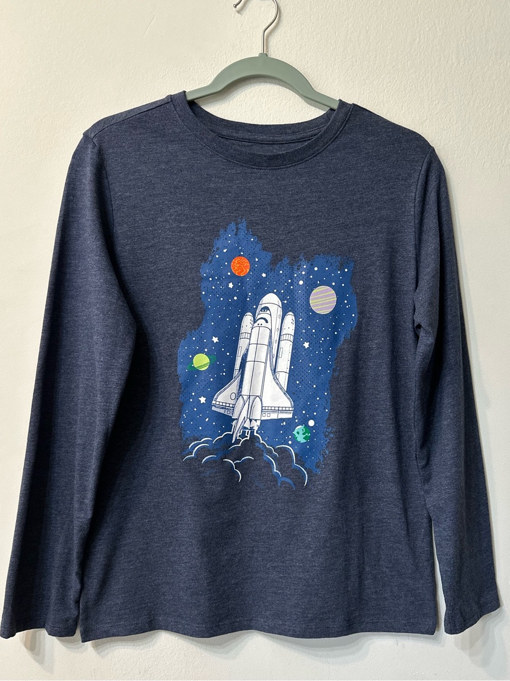 Cat & Jack Boys XL 14 Space Shuttle Graphic Tee Long Sleeve Rocket Shirt Navy